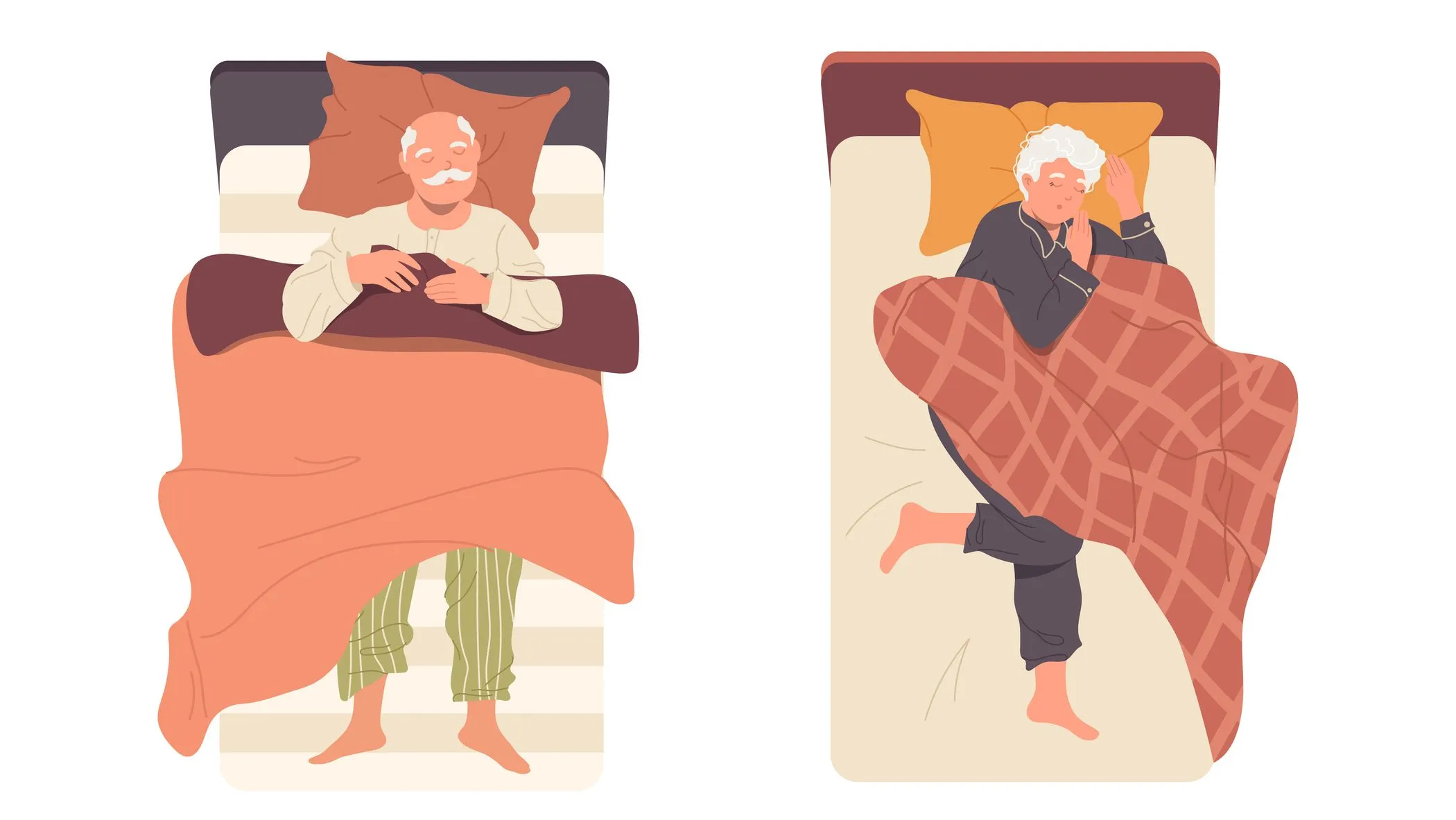Illustration d'une couple de personnes aînées qui dorment bien chacun dans son propre lit simple.